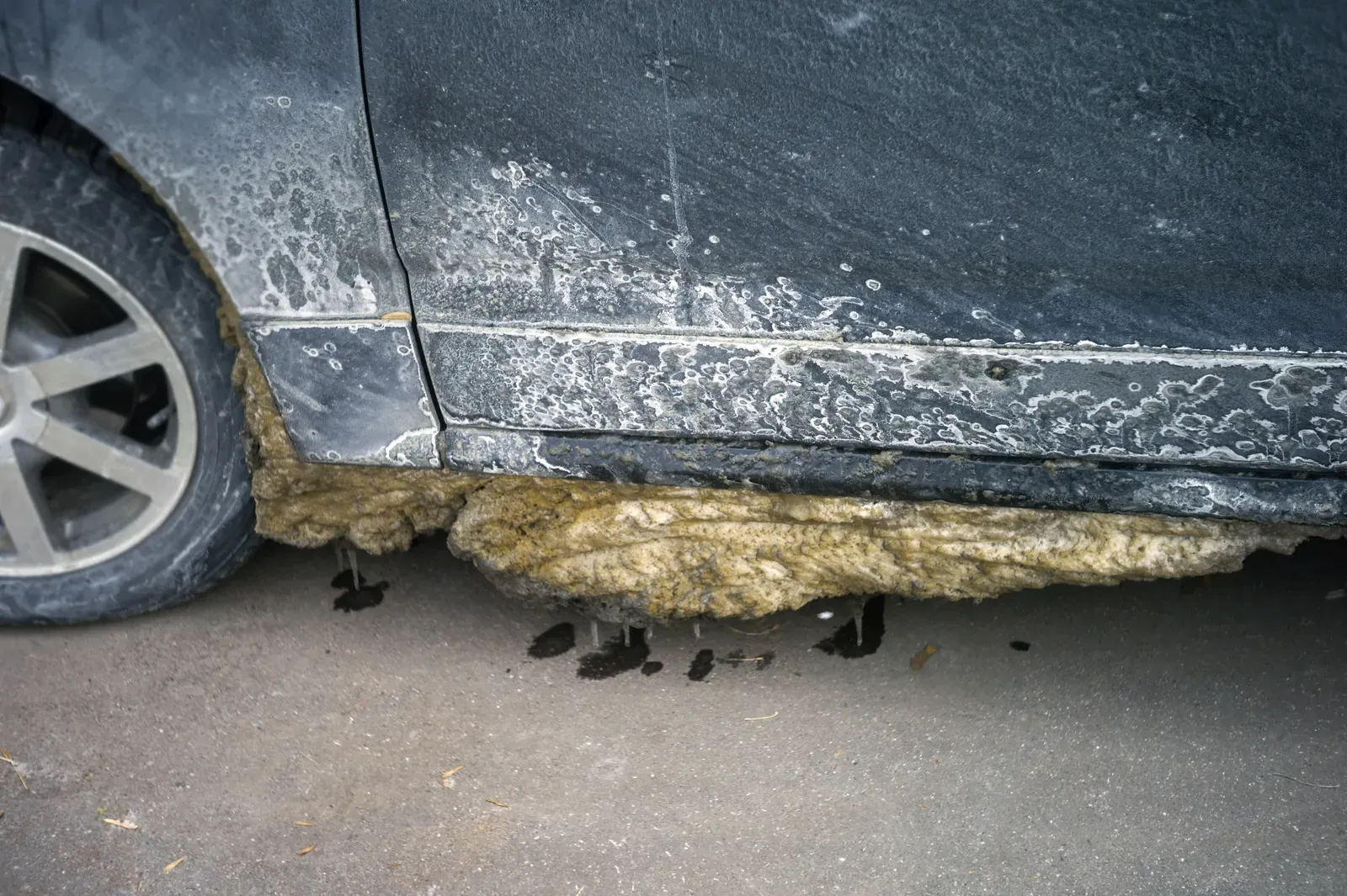 Car coated in a film of white road salt residue during a Minnesota winter